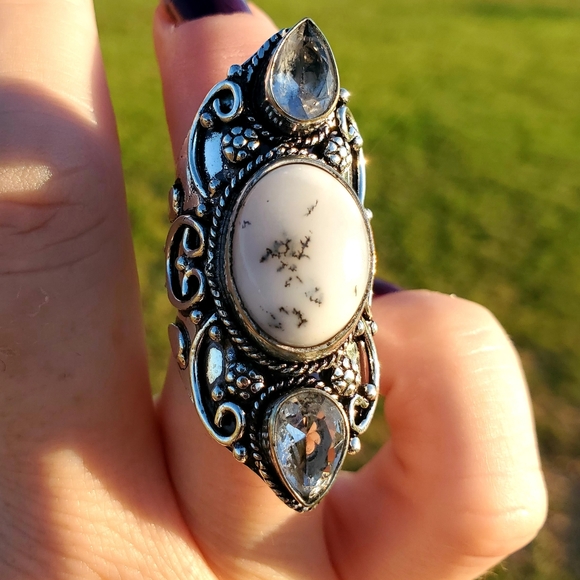 New Dendritic Opal & White Topaz 925 Silver Statement Ring. - Picture 14 of 14